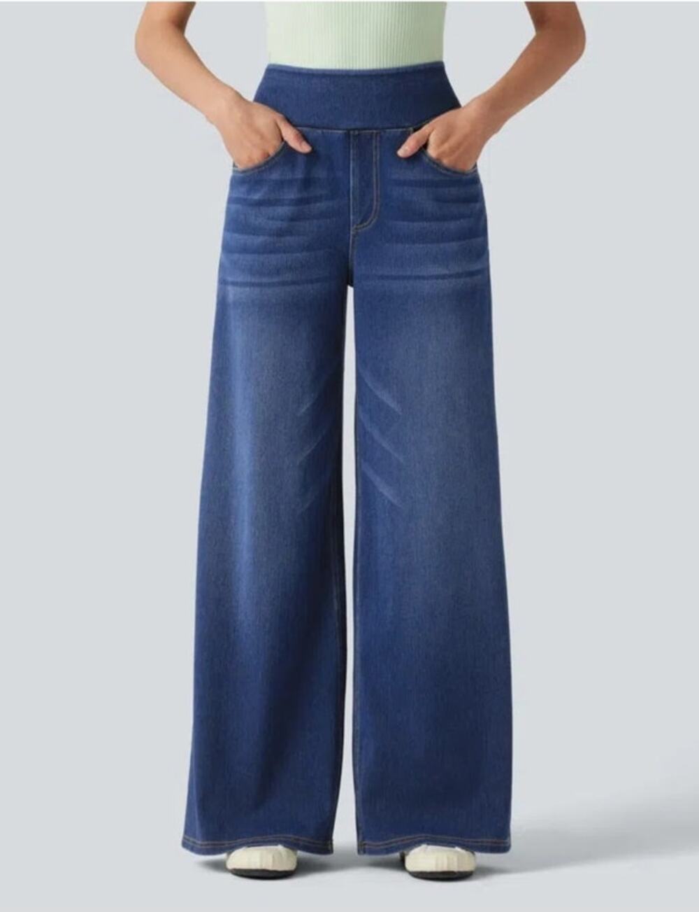 Halara Flex™ High Waisted Pockets Baggy Wide Leg Washed Casual Jeans Size L Reg